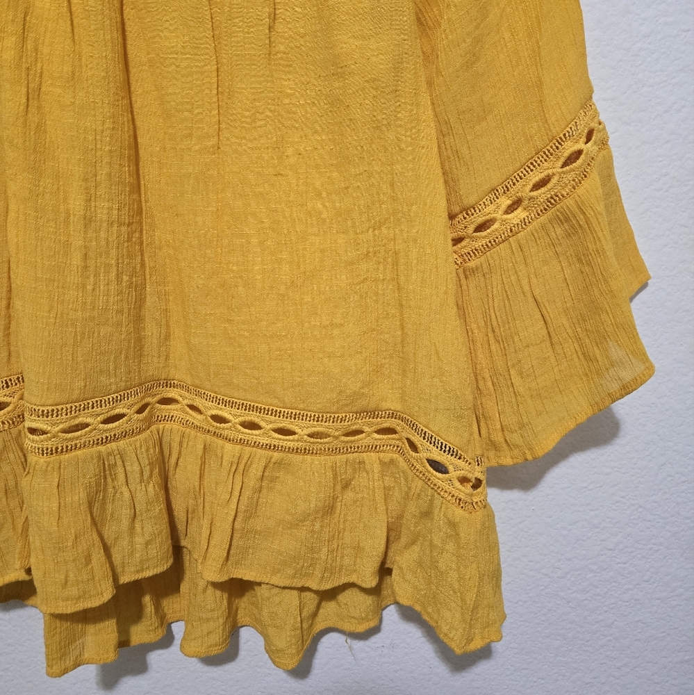 ​Zac & Rachel Mustard Yellow Boho Bell Sleeve Blouse Crochet Lace Trim Medium - Picture 5 of 13